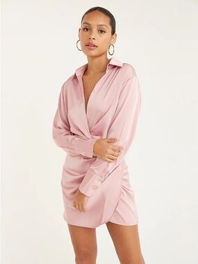 Pink Satin Wrap Shirt Dress